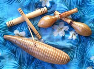 Claves, güiro, and maracas